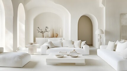 2. A bright white room with all-white walls, a white sofa, and a white coffee table, featuring subtle accents in light gray