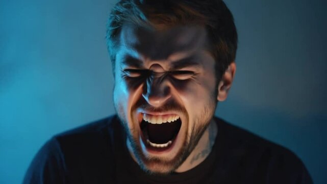 A crazy, angry guy with an open mouth lets out a scream, his face a mask of shouting expression