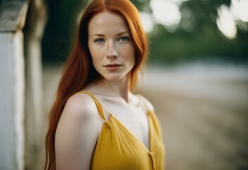 Featuring Woman with long, straight red hair, freckles, blue eyes, wearing a yellow sundress