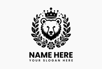 bear with abstract peony crown, modern vector logo for eco-luxury skincare and national parks  