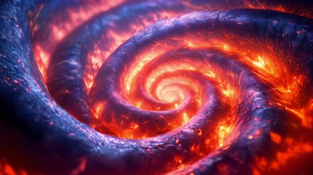 Living, seething matter in the form of a spiral with a smooth transition from dark blue at the edges to bright orange and red in the center. Lava or cosmic energy.
