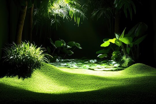 Fototapeta Lush jungle scene with soft lighting, highlighting a tranquil water pool