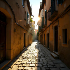 Fototapeta premium Quaint European Alleyway Bathed in Golden Sunset Light
