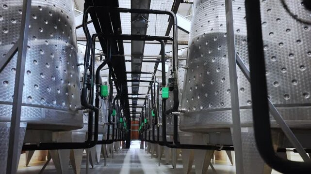 Rows of stainless barrels for fermentation, distillation and storage of high quality wine, metal tanks with black pipes and different technical regulators on winemaking factory, viticulture business