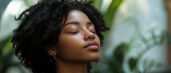 Black woman meditates, finding inner peace amidst lush foliage.