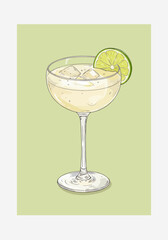 A beautifully styled gimlet cocktail served in an elegant coupe glass, garnished with a lime slice. Perfect for showcasing drinks and beverage concepts in advertisements