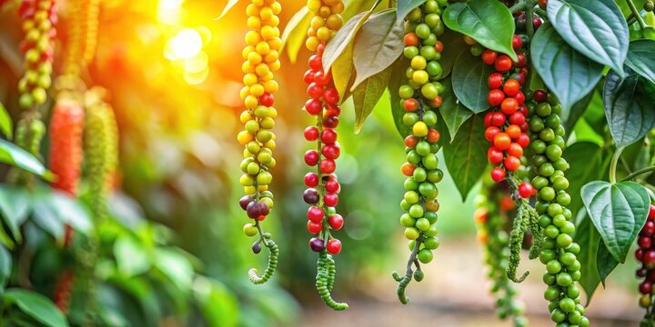 Aromatic pepper fruits hang from a tree amidst lush greenery in a vibrant garden setting, tree, foliage,  tree