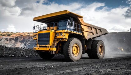 Powerful Yellow Mining Dump Truck Hauling Coal at Open Pit Mine
