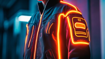 Stylish neon orange led jacket modern fashion apparel design wear warm cool dark style light night