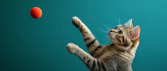 Tabby cat reaches for red ball, demonstrating its agile predatory behavior.