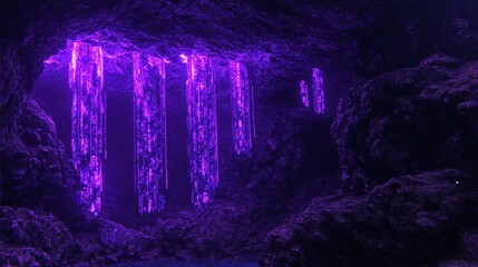 Fototapeta premium Enigmatic Purple Waterfall Cascading Through Mystical Forest in Dark Night Abstract Imagery and Dramatic Effect Creates Dreamlike Scenery