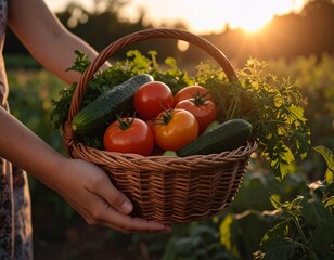 Hands holding wicker basket filled with fresh garden vegetables