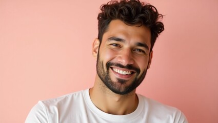 Sea Moss Supplements. Smiling man. Curly hair. Casual t-shirt. Young 