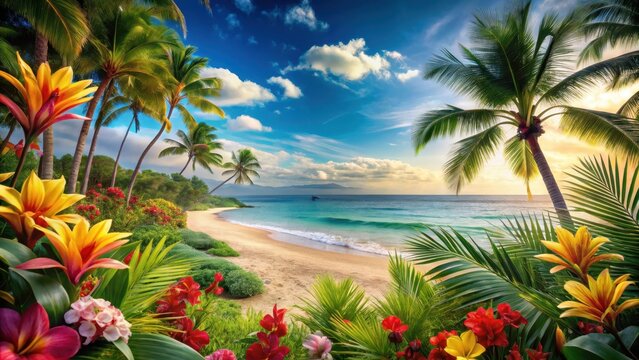 Exotic tropical flowers blooming amidst beachy scenery, seabreeze, palm, seabreeze,palm,sunflowers,arrangement,summer,blooms