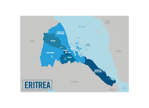 Detailed political map of Eritrea with editable administrative regions, regional capitals, neighboring countries, islands, Red Sea coast and geographic labels.