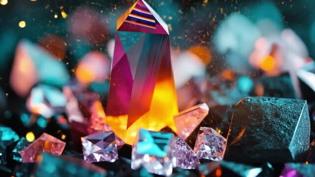Radiant Crystal Cluster: A vibrant, multifaceted crystal glows with inner light, surrounded by a cluster of smaller, shimmering crystals nestled amidst dark, rough rocks.