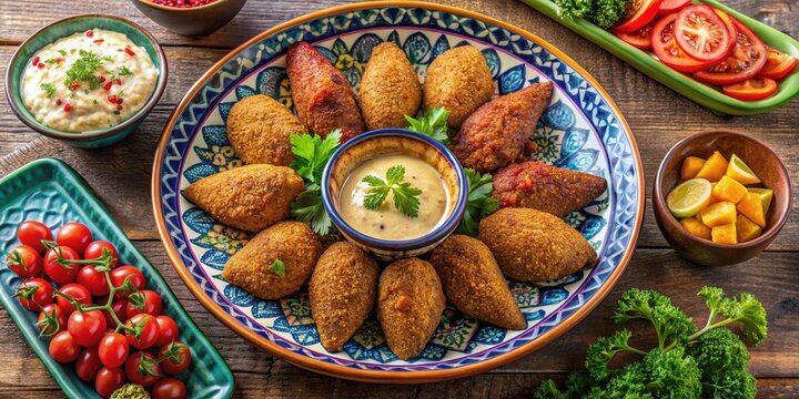 Crispy golden kibbeh served on a colorful platter with a variety of Middle Eastern dips and spreads, ingredients