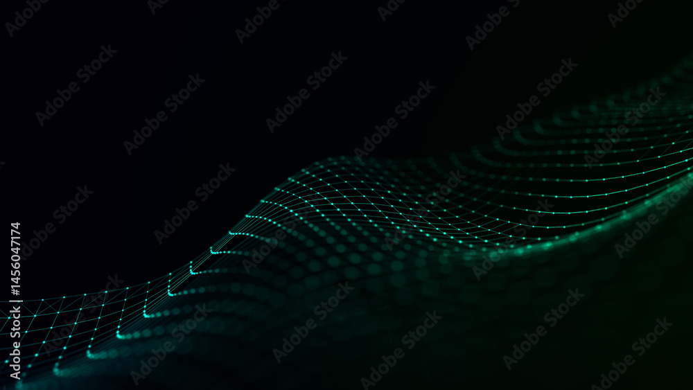 Poster abstract wave. interweaving of dots and lines on a black background. big data. 3d rendering.