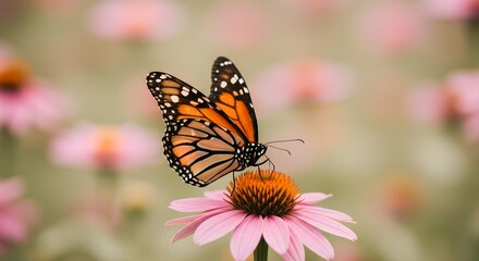 Fototapeta premium Monarch butterfly gracefully perched on a vibrant coneflower in a sunlit garden, showcasing nature's delicate beauty and the harmony of life in spring Generative AI