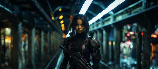 Obraz premium A female warrior in futuristic combat gear stands in the heart of a chaotic urban alley, blending into a dystopian neon lit world.