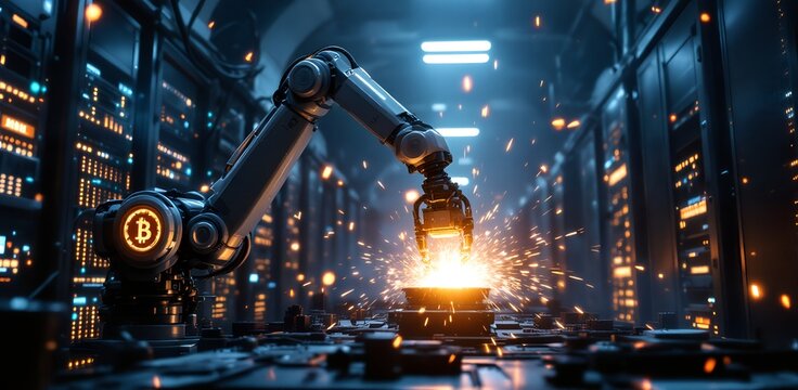 Innovative robotic arm engages in cryptocurrency mining within a futuristic data center, showcasing advanced technology and dynamic energy at work Generative AI