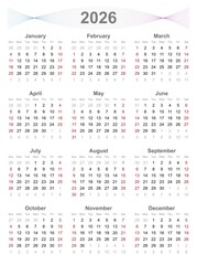 Calendar 2026 week start Sunday corporate design template vector. JPEG version.