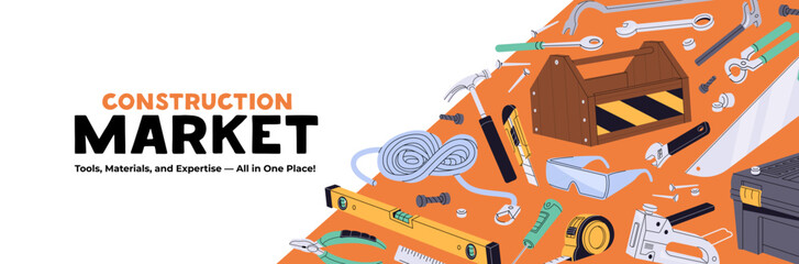 Advertising banner design of construction tool kit shop. Promotion template with toolkit items. Layout with building instruments, repair equipment for work, house maintenance. Flat vector illustration