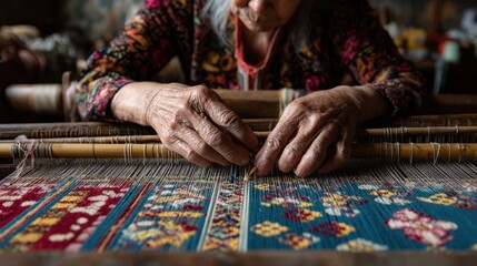Heritage folklore preservation. Elderly hands weaving intricate patterns on a traditional loom, showcasing craftsmanship and dedication.