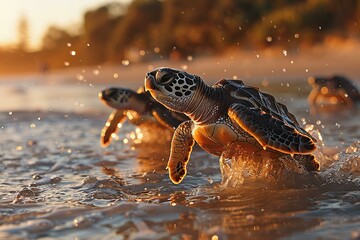 Baby turtles running towards the sea on an Australian beach in warm sunlight.