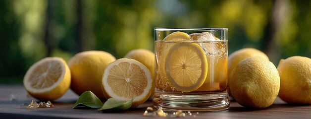 Refreshing glass of water with lemon slice on table surrounded by garden greenery and bright daylight