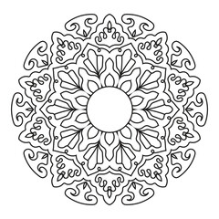 Intricate mandala line art illustration featuring a symmetrical floral pattern. Ideal for yoga decor, spiritual artwork, meditation designs, henna inspiration, tattoo templates and adult coloring book