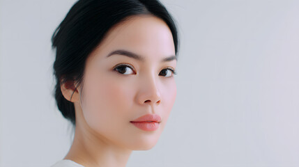 Obraz premium Studio portrait of the beautiful smiling Asian woman on white background. Close-up photo of adorable woman