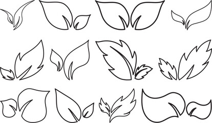Fototapeta premium Collection of minimalist leaf outline vector icons in elegant styles, ideal for eco branding, natural product packaging, organic labels, botanical illustrations, and wellness-themed designs.