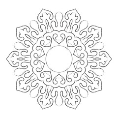Intricate mandala line art illustration featuring a symmetrical floral pattern. Ideal for yoga decor, spiritual artwork, meditation designs, henna inspiration, tattoo templates and adult coloring book