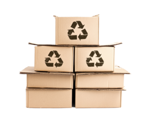 Cardboard boxes arranged with recycling logos highlighting eco-conscious packaging