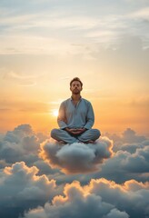 A man meditating on a cloud during sunset