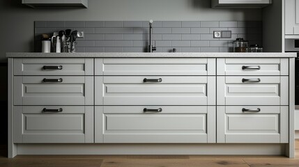 Fototapeta premium Gray Kitchen Drawers with Subway Tile Backsplash, HomeDecor, InteriorDesign