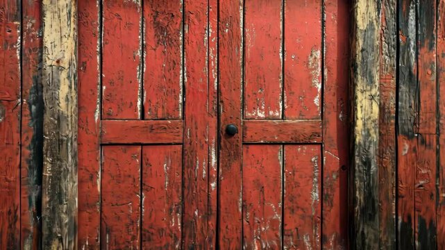 Weathered red barn doors; flaking paint, rustic wood texture in rural setting
