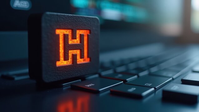 Semantic HTML. Red glowing H key, black keyboard close-up technology b