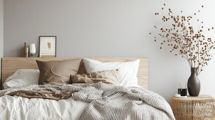 Minimalist Bedroom Interior Wood Headboard, Neutral Tones and Dried Flowers, home decor, bedroom design