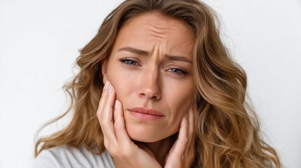 A woman with wavy hair shows visible signs of distress as she holds her face, indicating severe dental pain. She appears in a neutral indoor setting, deeply troubled and unhappy