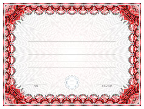 Certificate template with guilloche frame. Red diploma border design for personal conferment. Vector layout for award, patent, validation, license, education, authentication, achievement, etc