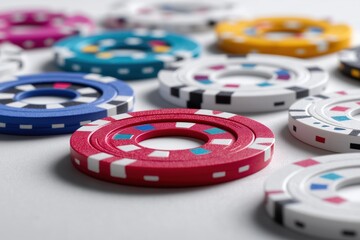 A row of poker chips with different colors and designs. The chips are arranged in a circle, with some of them overlapping each other. Concept of variety and playfulness, as the different colors