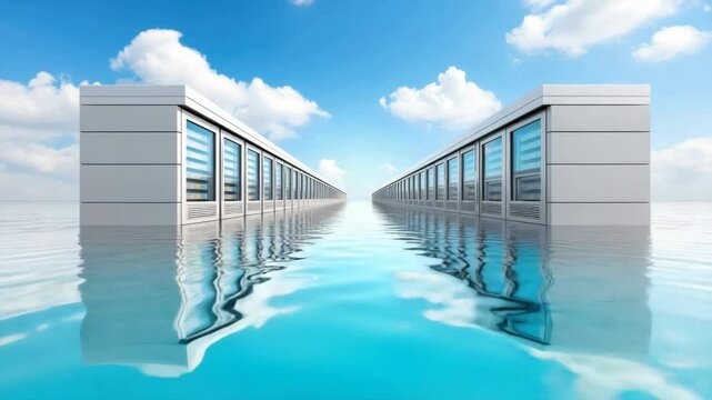 Water flooding across a data center floor, symbolizing excessive water usage. The large volume of water used for cooling in AI technology.