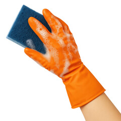 Cleaning glove with sponge soapy texture bright orange color household cleaning kitchen tool hygiene scrubbing surface effective cleaning