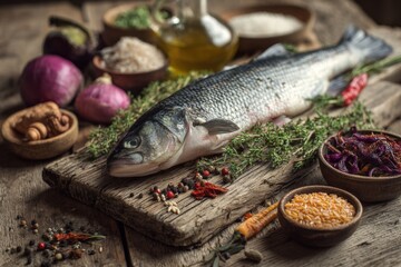 Fresh sea bass on rustic wooden board with herbs and spices. Ready for cooking!
