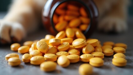 Senior Dog Supplement. Close-up of yellow tablets spilled from bottle,