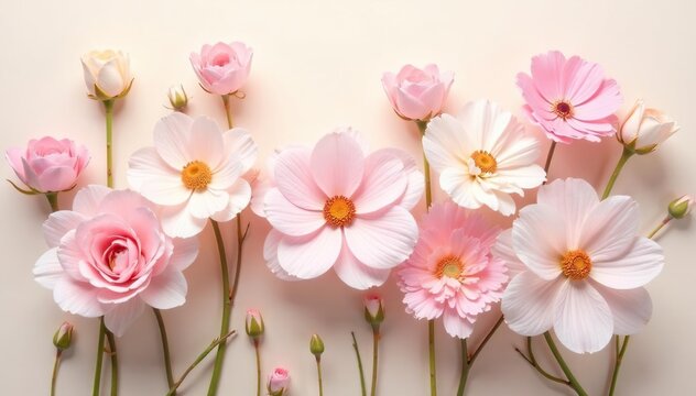 Delicate pastel floral bouquets on eggshell background, flowers, easter, spring blossom