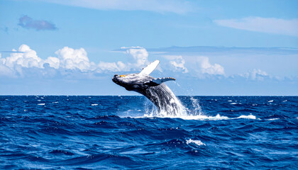 Fototapeta premium majestic whale leaps out of vibrant blue ocean, creating stunning splash against backdrop of fluffy clouds. This breathtaking moment captures beauty of marine life and power of nature
