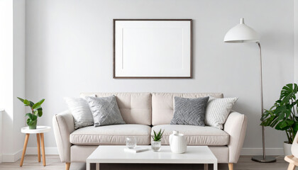 modern living room featuring light colored sofa adorned with decorative pillows, minimalist coffee table, and stylish floor lamp. space is brightened by natural light, creating serene atmosphere